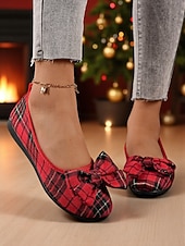 economico Ballerine da donna-ballerine da donna a quadri rossi con grande fiocco – ballerine casual in stile natalizio per feste, shopping e outfit quotidiani