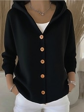 cheap Plain Cardigan-Women&#039;s Sweater Cardigan Elegant Fashion Streetwear Pure Color Hooded Knitted Long Sleeve Regular Tops Knit Outdoor Daily Weekend Black White Fall Winter