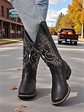 economico Stivali da cowboy e occidentali-stivali da cowboy ricamati marroni da donna: classici stivali a metà polpaccio in stile western per festival autunnali, lavori agricoli e concerti country