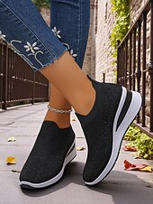 preiswerte Damen-Sneaker-Pinke Flyknit-Slip-On-Sneaker mit Strasssteinen für Damen – atmungsaktive, leichte Keilschuhe zum Spazierengehen, für Fitness und den lässigen Alltag