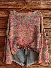 cheap Graphic Patterns &amp; Details-Women&#039;s Sweater Casual Soft Floral Vintage Ethnic Long Sleeve Crew Neck Regular Tops Daily Holiday Print Wine Red Purple Fuchsia Spring Fall Winter