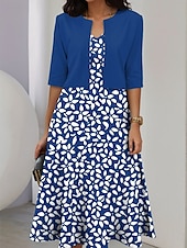 abordables Robe Fleurie-Ensemble de robes pour femmes en deux pièces robe midi avec veste élégante robe en A manches mi-longues robe décontractée semi-formelle imprimé floral ombragé encolure en V rendez-vous jaune clair