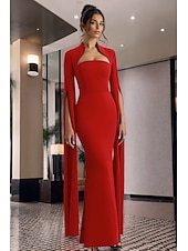 economico Vestiti da sera-abito da sera a sirena/tromba con mantello rosso, elegante, formale, da sposa, lungo fino al pavimento, manica lunga, collo alto, in crêpe elasticizzato con spacco 2025