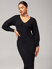 economico Abiti floreali-elegante abito nero in maglia da donna con scollo a cuore, maniche a lanterna che stringono la vita, aderente, elegante, quotidiano, autunno