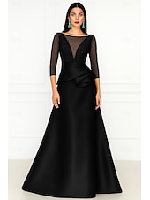 cheap A-Line Evening Dresses-A-Line Floor Length Evening Gown Ball Gown Formal Dress Elegant 3/4 Length Sleeve Illusion Neck Formal Wedding Pink Dress Satin with Beading