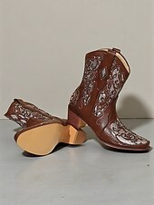 levne Cowboy &amp; Western Boots-Dámské tmavě hnědé krátké kovbojské boty do westernu s bílými vyšívanými vzory, špičatou špičkou a nízkým podpatkem pro country dance a ležérní outfity