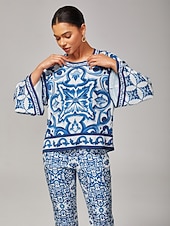  Mujer Camisa casual Arte abstracto Casual Campana Azul cielo Elegante Bohemia Vacaciones Cuello Barco Verano Primavera