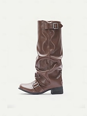 abordables Bottes à la mode-Bottes d&#039;équitation marron pour femmes - style équestre souple en similicuir avec sangles à boucle et talon bas, chaussures décontractées d&#039;automne et d&#039;hiver pour événements en plein air, festivals