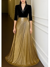 cheap Tuxedo Dresses-Tuxedo Dress A-Line Formal Wedding Wedding Guest Velvet Elegant Color Block Half Sleeve Floor Length Notched Lapels