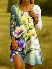 ieftine rochie florală-Rochie mini pentru femei cu guler rotund mânecă lungă rochie casual rochie de tip T-shirt rochie stil Tee rochie în A casual tăiere regulată grafic floral guler rotund negru albastru violet verde