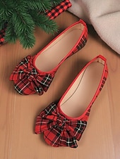 economico Ballerine da donna-ballerine da donna a quadri rossi con grande fiocco – ballerine casual in stile natalizio per feste, shopping e outfit quotidiani