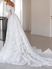 halpa Häämekot-kukkakuvioinen chantilly-pitsiaplikaatiolla koristeltu rantahääpuku elegantti olkapäät paljastava boho-hääpuvut A-linjainen pitkähihainen kappelilaahus morsiuspuvut simpukankuorilla reunustetut