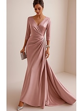 economico Vestiti da sera-Sirena / Tromba Tubino / Colonna Abito da Sera Elegante Vestito Formale Matrimonio Lunghezza al pavimento Manica 3/4 Scollo a V Raso Schiena a V con Volant 2025