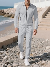 preiswerte Lässige Jacken-Herren Leichte Jacke Freizeitjacke Set Urlaub Täglich Atmungsaktiv Tasche 2 teilig Frühling Herbst Einfach Mode Klassisch Revers Regulär Schwarz Weiß Königliches Blau Khaki Grau Jacken