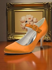 voordelige Cocktail-Champagnekleurige satijnen Mary Jane-hakken voor dames met kristallen gesp, elegante pumps met puntige neus voor cocktailparty&#039;s