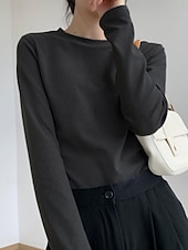 preiswerte Einfarbiges T-Shirt-Damen Bluse Einfarbig Stilvoll Lässig Langarm Rundhalsausschnitt Normale Oberteile Täglich Schwarz Weiß Blau Purpur Fuchsie Herbst Winter