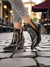 levne Cowboy &amp; Western Boots-Dámské kovbojské kotníkové boty v západním stylu s vyšívanými detaily, módní boty na blokovém podpatku pro běžné nošení ve městě