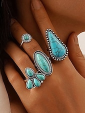 Women's Turquoise Ring Set - Multi-Piece Set of Vintage Bohemian Alloy Jewelry for Women's Holidays, Beach Vacations and Everyday Wear cheap Women's Rings-Women's Turquoise Ring Set - Multi-Piece Set of Vintage Bohemian Alloy Jewelry for Women's Holidays, Beach Vacations and Everyday Wear