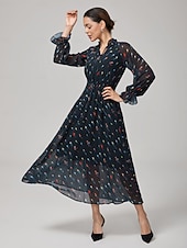 baratos Vestidos Florais-Mulheres Vestido casual Vestido Longo Vestido Maxi Preto Manga Longa Papagaio gravata na frente Primavera &amp; Outono Estações Cruzadas Decote V Férias S M L