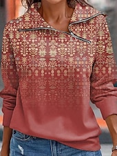 billiga Halloween Sweatshirt &amp; Hoodie-Dam Zip Up sweatshirts Grafisk Geometrisk Ledigt Långärmad Hög hals Vanliga toppar Rubinrött Blå Grön Beige Höst Vinter