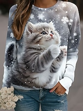 billige Dyr Topp-Dame Pullover Grafisk Katt Fritid Langermet Crew-hals Vanlige topper Avslappet Blå Lilla Kakifarget Grå Høst Vinter