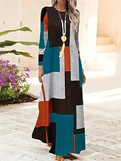 ieftine Rochie cu dungi și geometrică-Pentru femei Rochie Maxi Rochie A line Rochie de vară Vacanță Casual Zilnic Fit regulat Grafic Geometric Abstract Manșon Lung Stil Nautic Galben Albastru piscină Primăvară Toamnă Iarnă