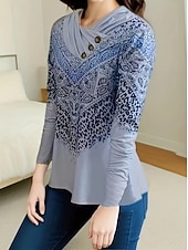 billige Boho t-skjorte-Dame T skjorte Grafisk Stripet Årgang Stilfull Fritid Langermet V-hals Vanlige topper Daglig Helg Knapper Trykt mønster Lysegrønn Blå Grønn Grå Høst Vinter