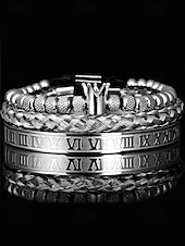economico Gioielli da uomo-set di bracciali da uomo in acciaio inossidabile dorato: bracciale a 3 pezzi con corona di perline, polsino intrecciato e bracciale con numeri romani per abiti alla moda, feste e occasioni speciali