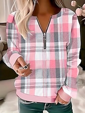 economico Top a Strisce e Geometrici-Per donna Felpa Pullover Felpe con cerniera Grafico Geometrico Plaid Moda Casual Manica Lunga Girocollo Top Regolari Streetwear Abbigliamento Quotidiano Cerniera Stampato Rosa Blu Viola Verde Grigio