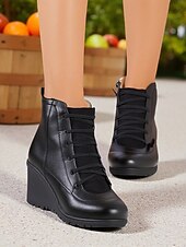 abordables Bottines-Bottines compensées en similicuir marron pour femme avec fermeture éclair latérale – bottines à lacets décontractées et confortables pour le travail, le shopping et les voyages