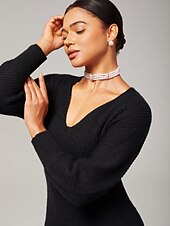 economico Abiti floreali-elegante abito nero in maglia da donna con scollo a cuore, maniche a lanterna che stringono la vita, aderente, elegante, quotidiano, autunno