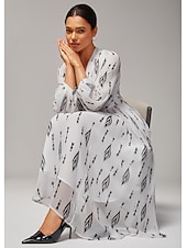 levne Květinové šaty-Dámské černobílé šifonové maxi šaty s potiskem, elegantní, se stahujícím pasem, slim fit, večírek, do práce, denně, podzim