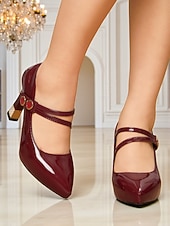 cheap Cocktail-Women&#039;s Burgundy Patent Leather Mary Jane Heels - Square Toe Dress Shoes with Double Straps for Cocktail Parties &amp; Evening Events