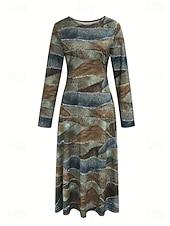 billige Kunst og Design Kjole-Dame Midikjole Fit And Flare Dress Fritid Bohem Fest Daglig Ut på byen Normal Polkadotter Abstrakt 3/4 ermer Crew-hals Lysebrun Høst Vinter