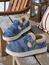 abordables Botas de nieve e invierno-Botines de nieve para mujer con forro polar vaquero: zapatos de invierno cálidos e informales sin cordones con correa de velcro para viajes y paseos al aire libre.