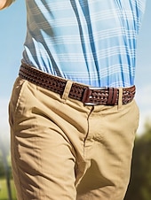 levne Pánské opasky-Pánský pletený opasek z pravé kůže – klasický tkaný design s leštěnou přezkou, odolný a nastavitelný doplněk v pase pro ležérní, obchodní a golfové outfity