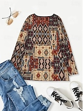 billige Boho t-skjorte-Dame Tunika T skjorte Blomstret Grafisk Geometrisk Stilfull Fritid Bohem Langermet Crew-hals Vanlige topper Daglig Ut på byen Helg Svart Rød Oransje Brun Kakifarget Høst Vinter