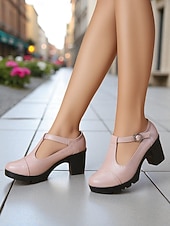  Lyseblå damesko med T-stropp og kraftig hæl – pumps i imitert skinn med rund tå og spenne for fritidsbruk, kontorantrekk og vår- og sommerarrangementer