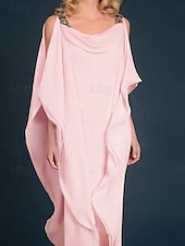 billiga Golvlängd-Strand Bröllop Sheath Mor till Bruden Klänning Bröllop Gäst Elegant Plus Size Juvel Uringning Golvlängd Chiffong Halv Ärmm med Pärlbrodering Kaskad Volanger fri skräddarsydd storlek
