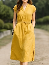 abordables Chemises-Femmes Robe Midi Robe trapèze Robe d&#039;été Occasionnel Quotidien Coupe régulière Uni Manche Courte Col montant Jaune Rouge Été