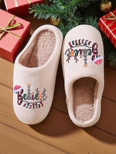 economico Ciabatte e infradito da donna-pantofole natalizie grigie da donna con fodera in peluche e stampa Believe: calde scarpe da interno per le vacanze, l&#039;inverno e le riunioni di famiglia