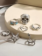economico Accessori di Halloween-Set di anelli gotici da donna per Halloween: anelli regolabili vintage in argento con teschio, serpente, stella e dadi per feste, cosplay e vita notturna