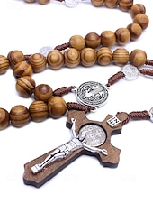 abordables Joyas para hombres-Rosario de madera para hombre con medalla de San Benito y crucifijo: cuentas de oración católicas para el culto religioso, la reflexión espiritual y la devoción diaria.