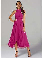 billiga Bröllopsgästklänningar-A-linjeformade Bröllops Gäst Klänningar Elegant Klänning Formal Bröllops Fest Te Längd utan Ärmar En Axlar Höst Bröllops Gäst Chiffon med Rynkning