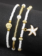 billiga Damarmband-3-delat pärlhängesset för kvinnor – guldlegering och vita pärlor med sjöstjärnor och snäckor, bohemiska strandsmycken för sommarsemester och vardagliga outfits