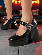Γυναικεία μαύρα τακούνια πλατφόρμας Mary Jane με τύπωμα νεκροκεφαλής και αγκράφα με αστέρι – γοτθικά παπούτσια για το Halloween για πανκ μόδα, cosplay και θεματικές εκδηλώσεις Χαμηλού Κόστους Για γυναίκες-Γυναικεία μαύρα τακούνια πλατφόρμας Mary Jane με τύπωμα νεκροκεφαλής και αγκράφα με αστέρι – γοτθικά παπούτσια για το Halloween για πανκ μόδα, cosplay και θεματικές εκδηλώσεις