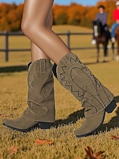 halpa Cowboy &amp; Western Boots-Naisten khakiväriset cowboy-saappaat, joissa on mokkanahkaa ja matala korko, ja jotka sopivat sekä ulkoiluun että maaseudulle.