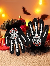 preiswerte Halloween-Zubehör-Damen-Halloween-Skeletthandschuhe – schwarze Spitzenmanschette mit Zuckerschädel-Aufdruck, Kostümzubehör für Party, Cosplay und Nachtleben