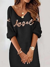 preiswerte Pulloverkleider-Damen Minikleid Freizeitkleid Winterkleid Shiftkleid Mode Modern Täglich Strand Wochenende Normale Passform Buchstabe Langarm V Ausschnitt Schwarz Sommer Frühling Herbst