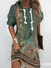 preiswerte Blumenkleid-Damen Hoodiekleid Minikleid Etuikleid Etuikleid Party Casual Boho Outdoor Home Sport Regular Fit Blumen Grafik Langarm Kapuze Blau Grün Frühling Herbst Winter